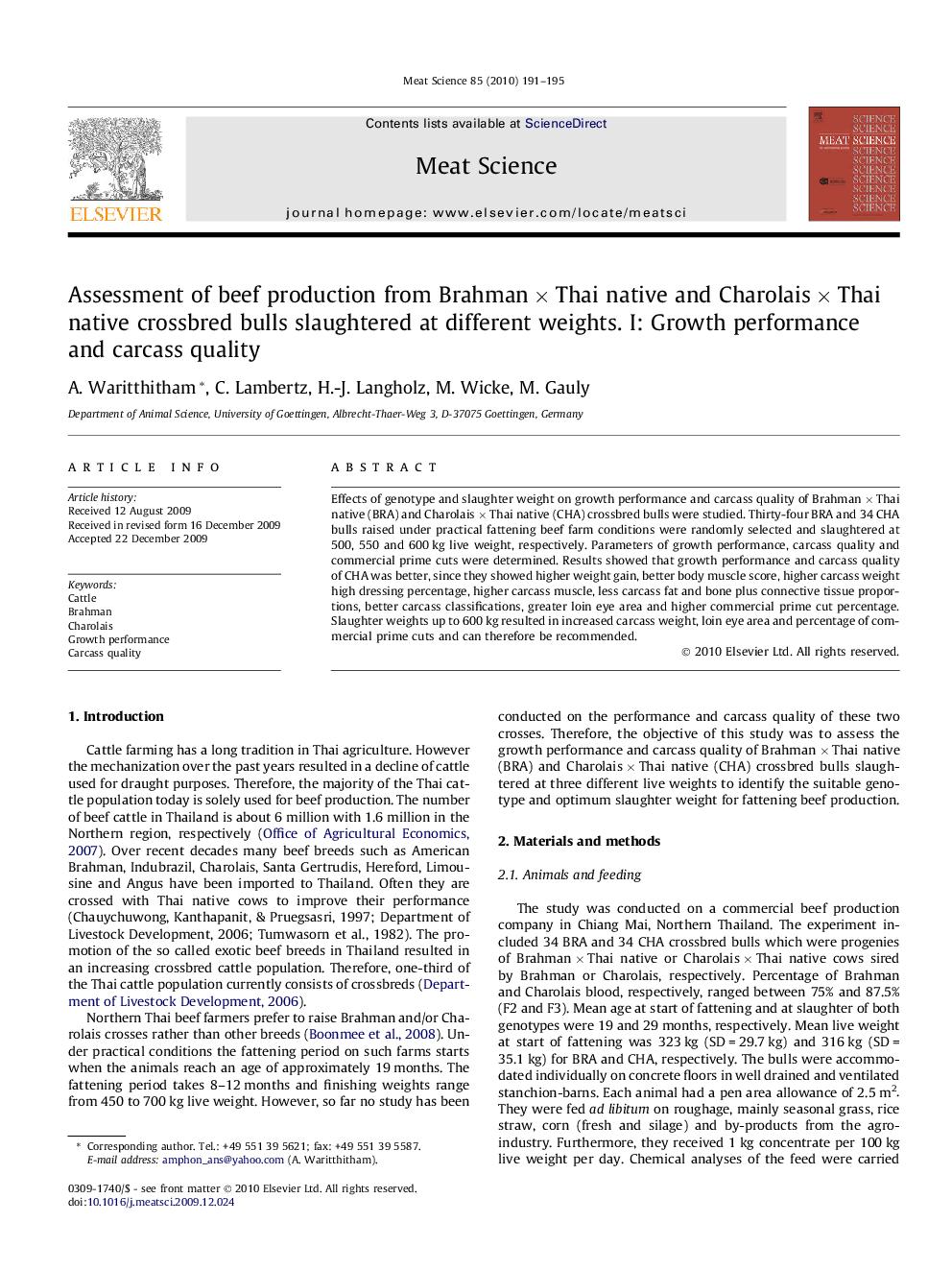 Assessment of beef production from Brahman × Thai native and Charolais × Thai native crossbred bulls slaughtered at different weights. I: Growth performance and carcass quality