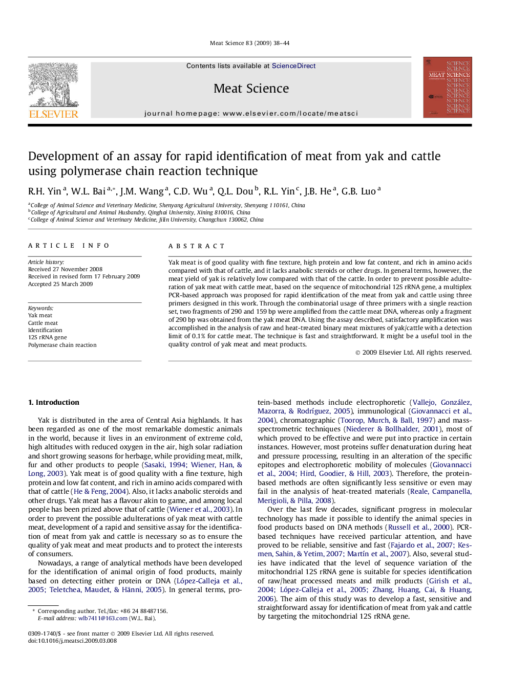 Development of an assay for rapid identification of meat from yak and cattle using polymerase chain reaction technique