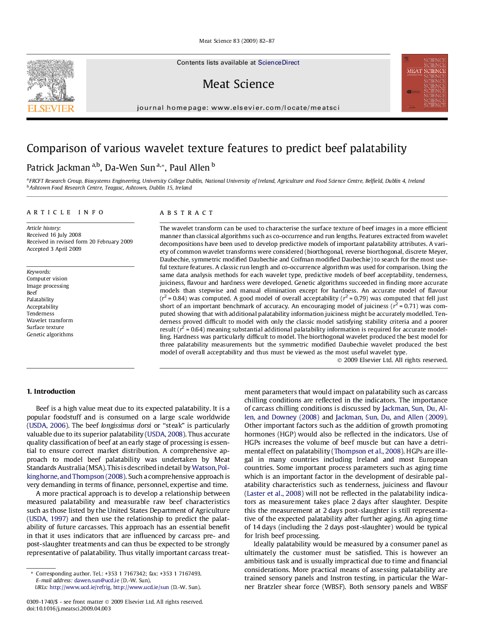 Comparison of various wavelet texture features to predict beef palatability