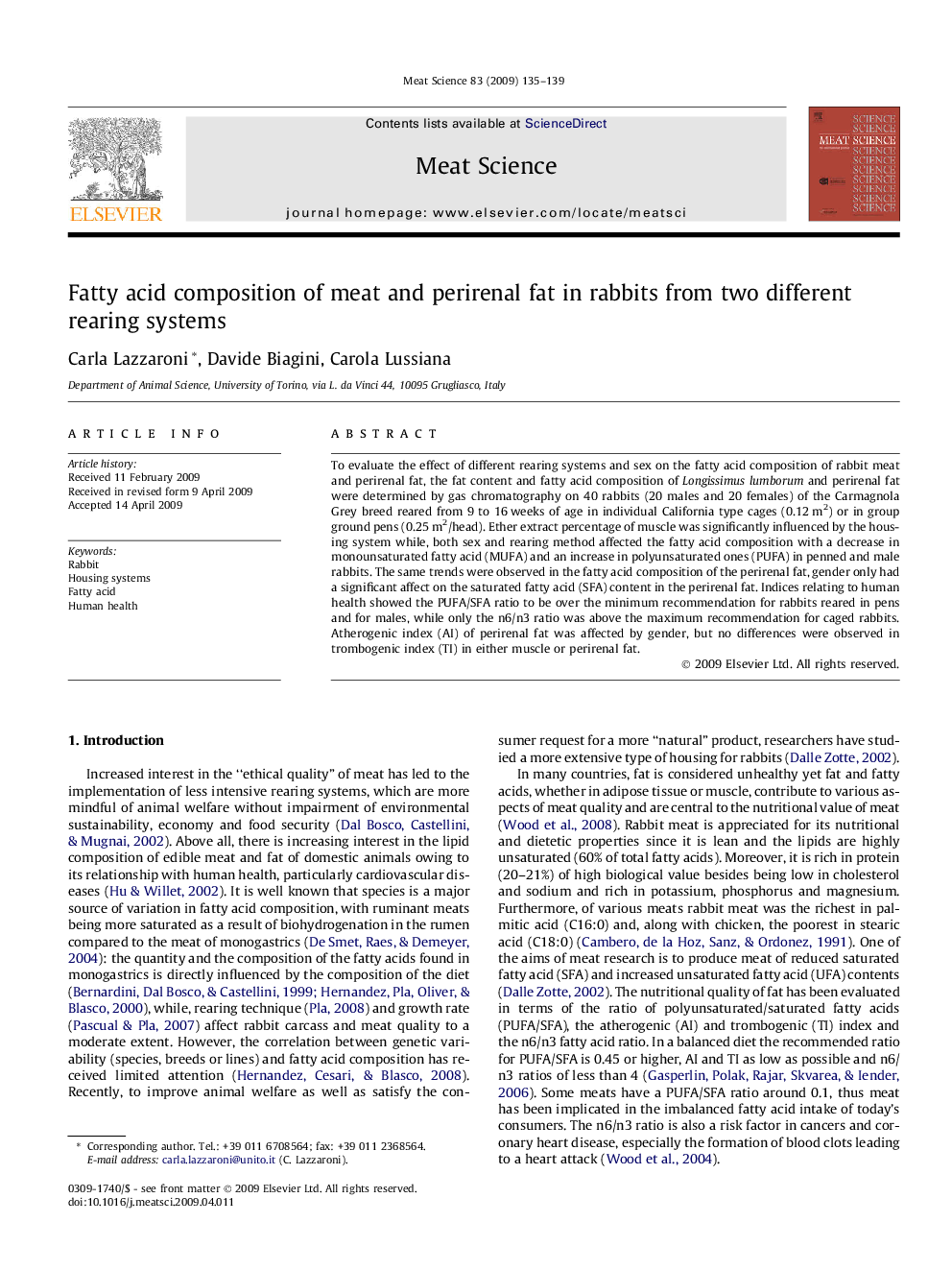 Fatty acid composition of meat and perirenal fat in rabbits from two different rearing systems