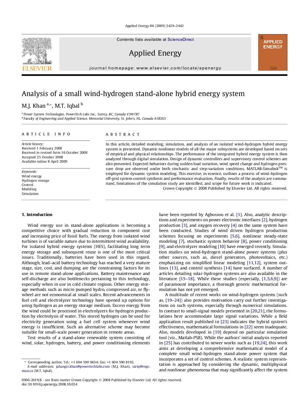 Analysis of a small wind-hydrogen stand-alone hybrid energy system