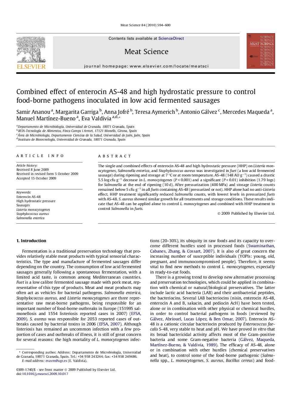 Combined effect of enterocin AS-48 and high hydrostatic pressure to control food-borne pathogens inoculated in low acid fermented sausages