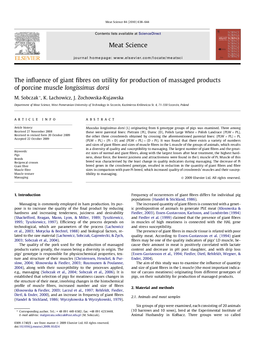 The influence of giant fibres on utility for production of massaged products of porcine muscle longissimus dorsi