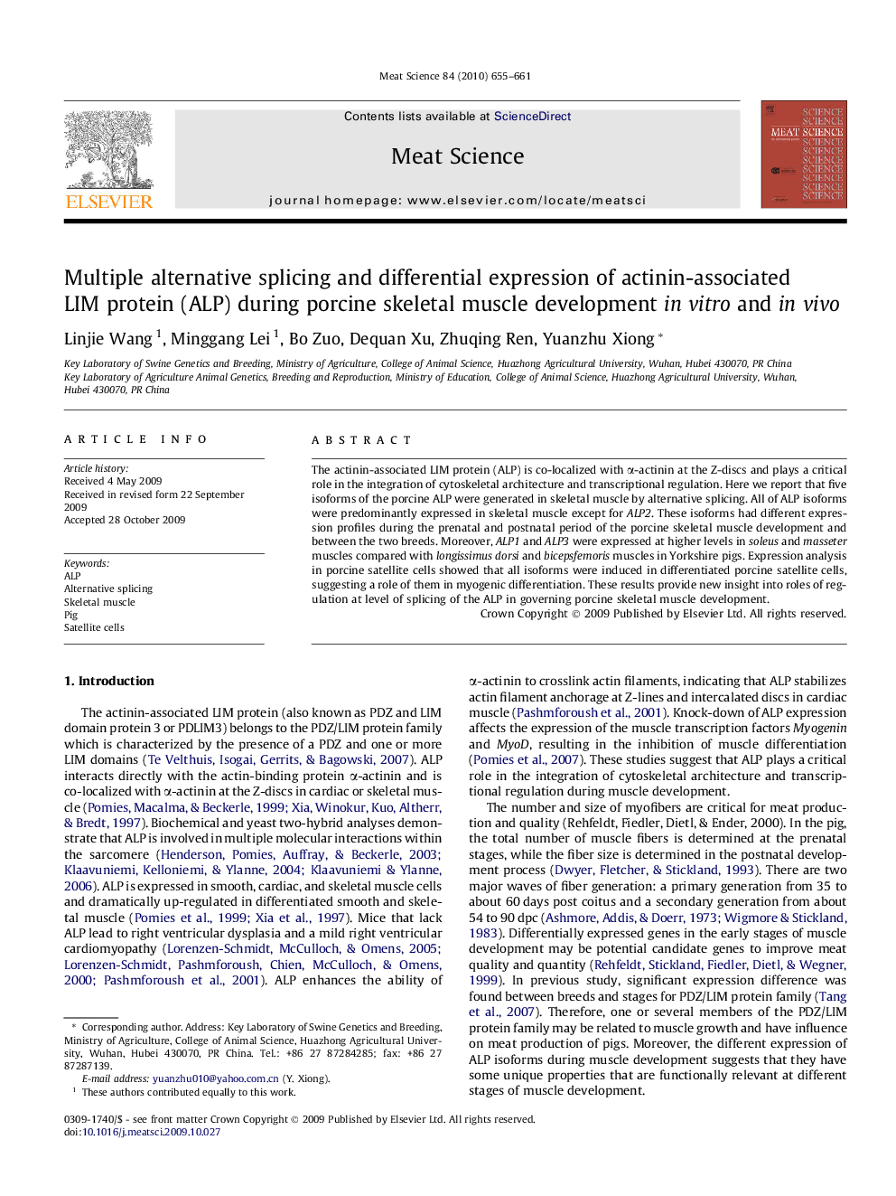 Multiple alternative splicing and differential expression of actinin-associated LIM protein (ALP) during porcine skeletal muscle development invitro and invivo