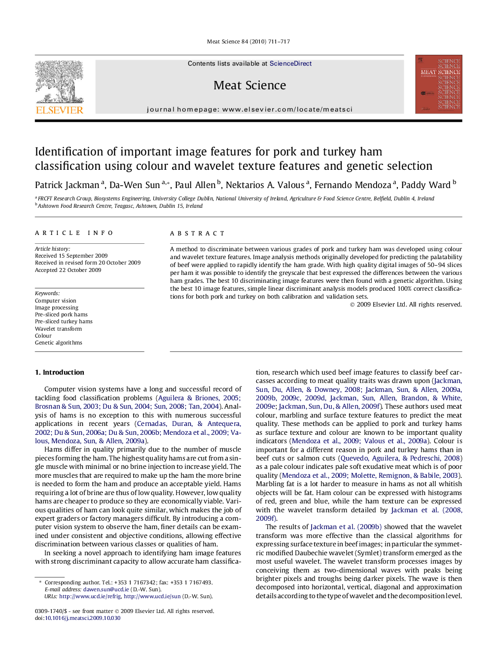 Identification of important image features for pork and turkey ham classification using colour and wavelet texture features and genetic selection