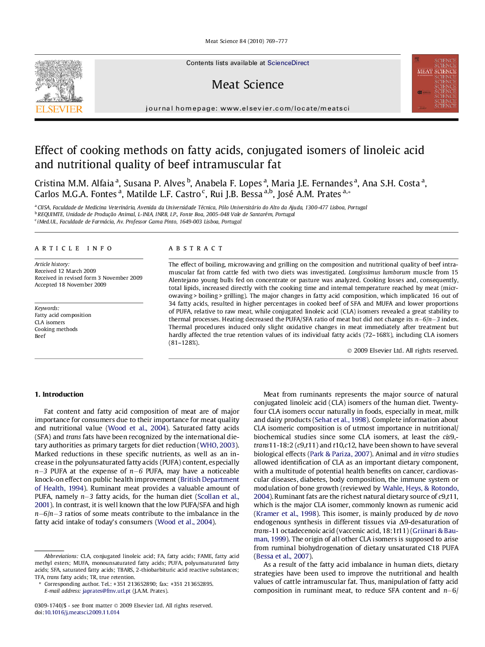 Effect of cooking methods on fatty acids, conjugated isomers of linoleic acid and nutritional quality of beef intramuscular fat