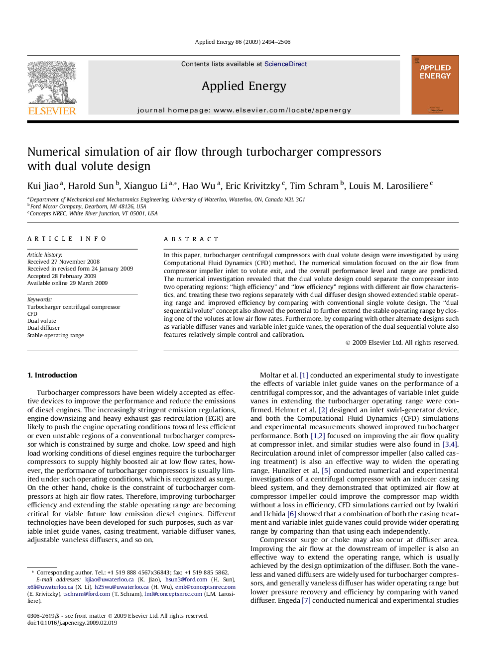 Numerical simulation of air flow through turbocharger compressors with dual volute design