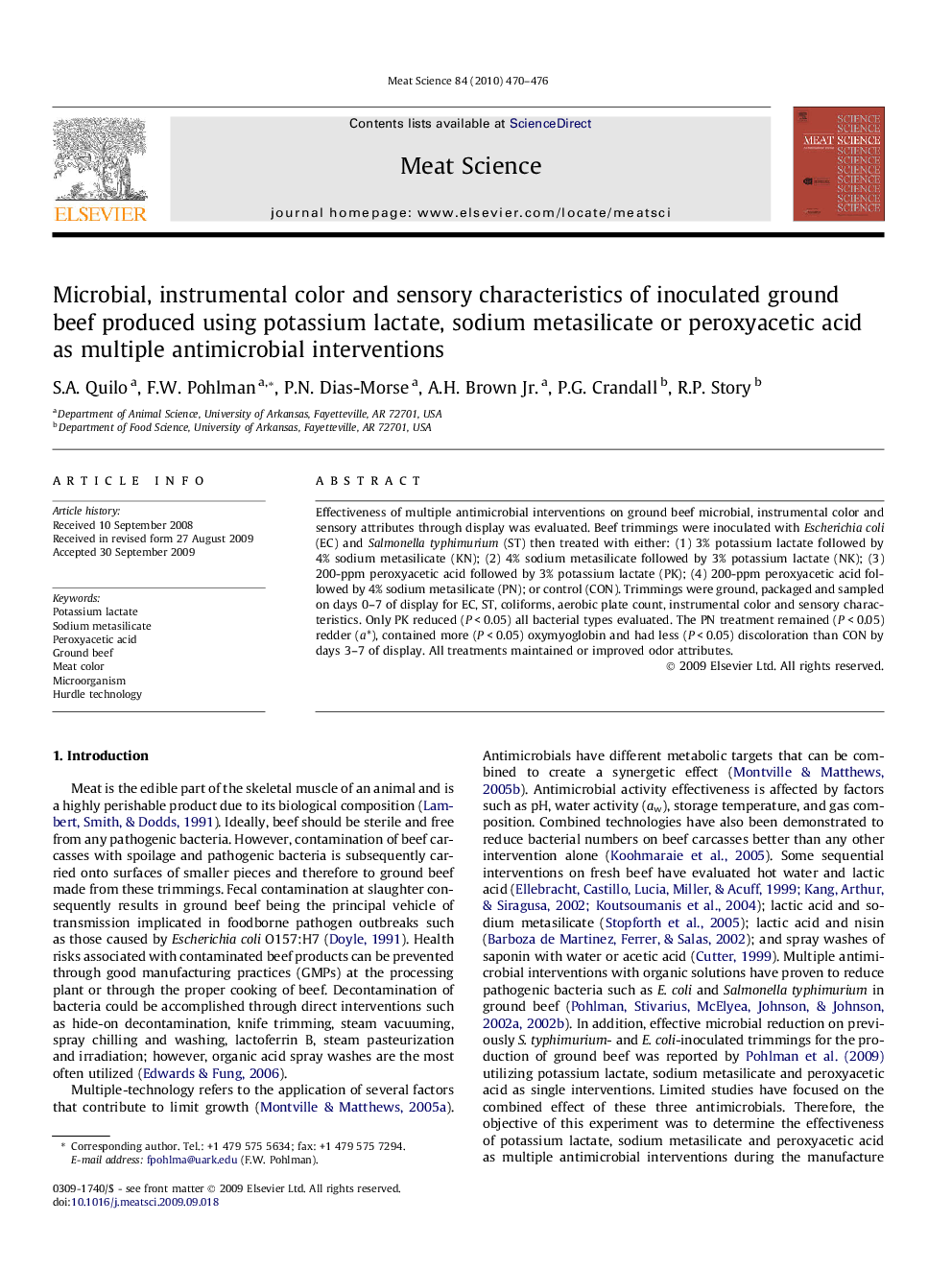 Microbial, instrumental color and sensory characteristics of inoculated ground beef produced using potassium lactate, sodium metasilicate or peroxyacetic acid as multiple antimicrobial interventions