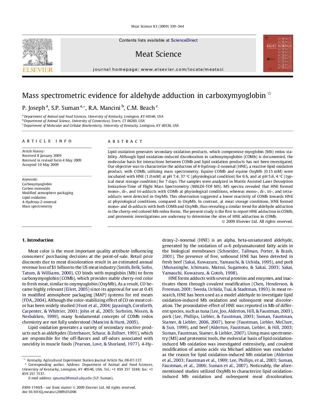 Mass spectrometric evidence for aldehyde adduction in carboxymyoglobin 