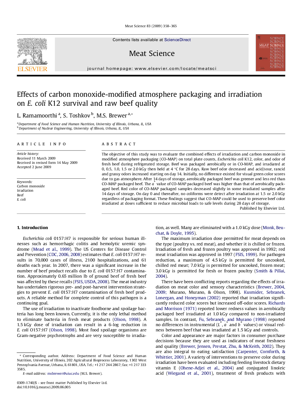 Effects of carbon monoxide-modified atmosphere packaging and irradiation on E. coli K12 survival and raw beef quality