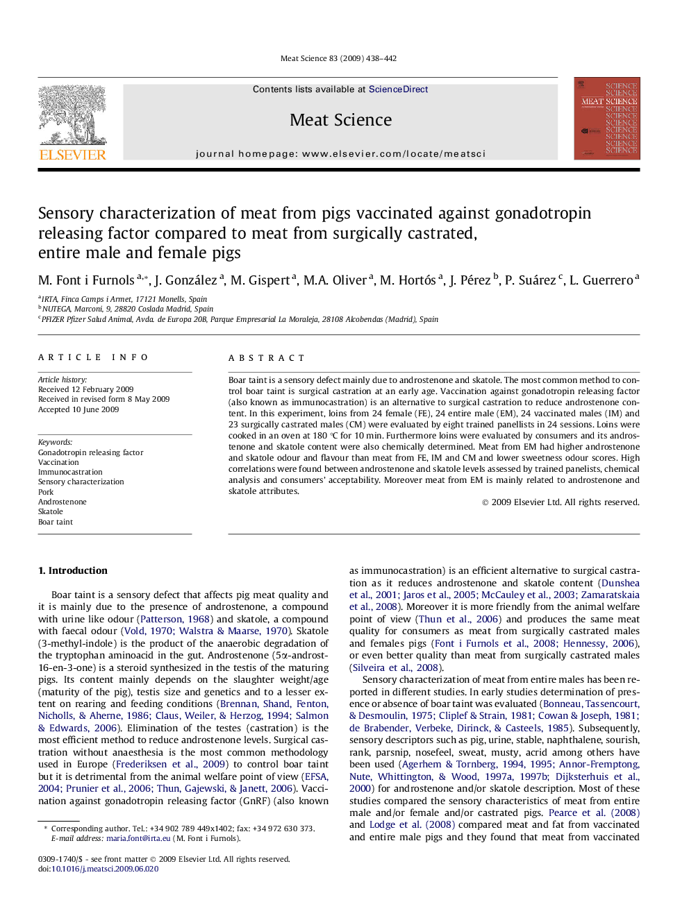 Sensory characterization of meat from pigs vaccinated against gonadotropin releasing factor compared to meat from surgically castrated, entire male and female pigs