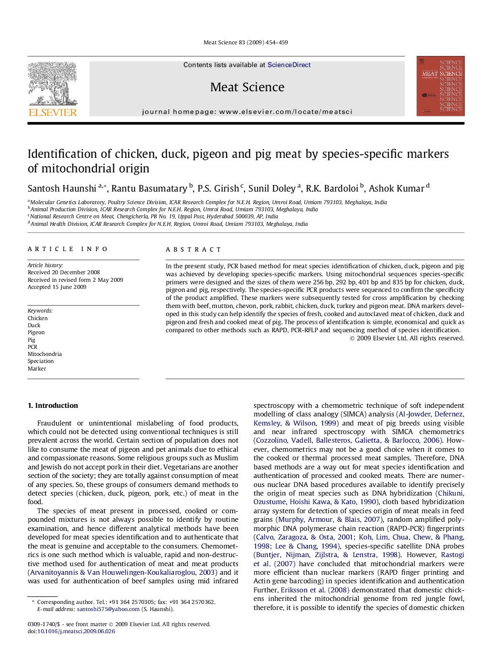 Identification of chicken, duck, pigeon and pig meat by species-specific markers of mitochondrial origin