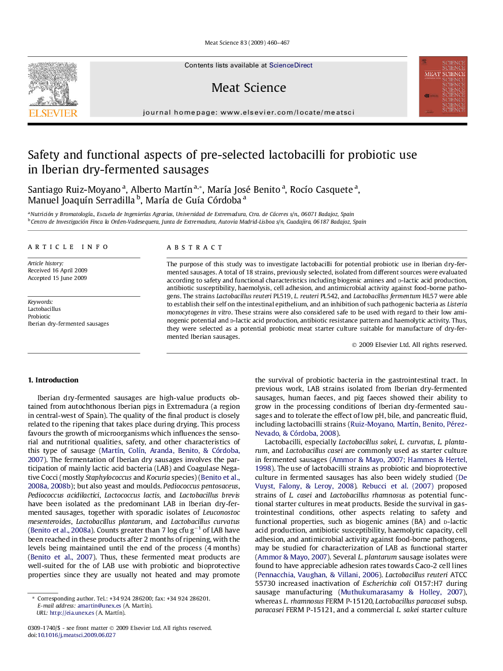 Safety and functional aspects of pre-selected lactobacilli for probiotic use in Iberian dry-fermented sausages