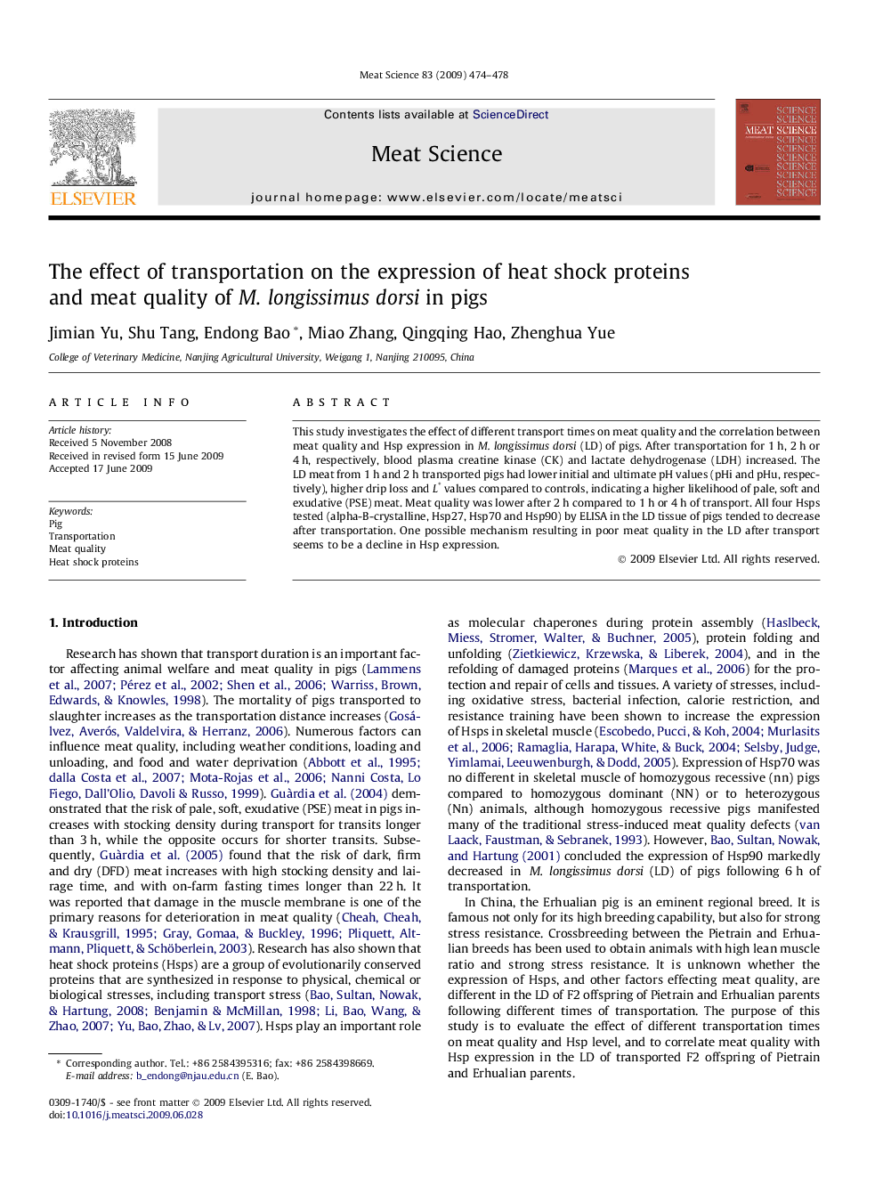 The effect of transportation on the expression of heat shock proteins and meat quality of M. longissimus dorsi in pigs