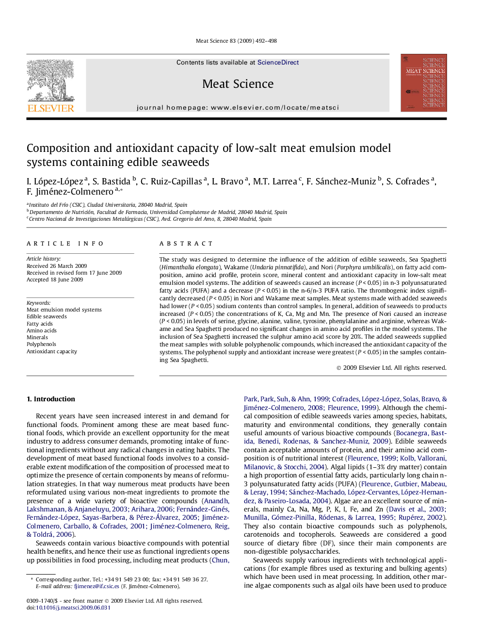 Composition and antioxidant capacity of low-salt meat emulsion model systems containing edible seaweeds