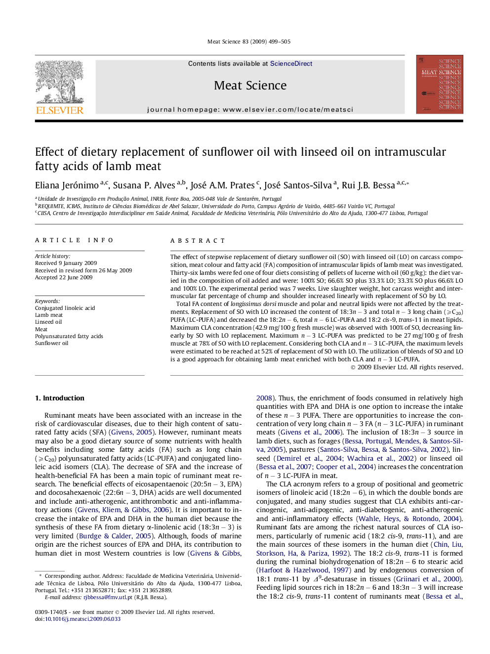 Effect of dietary replacement of sunflower oil with linseed oil on intramuscular fatty acids of lamb meat