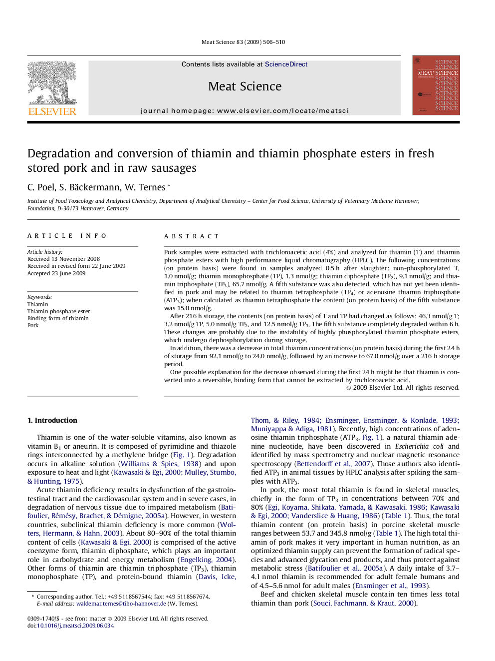 عکس صفحه اول مقاله: Degradation and conversion of thiamin and thiamin phosphate esters in fresh stored pork and in raw sausages Degradation and conversion of thiamin and thiamin phosphate esters in fresh stored pork and in raw sausages