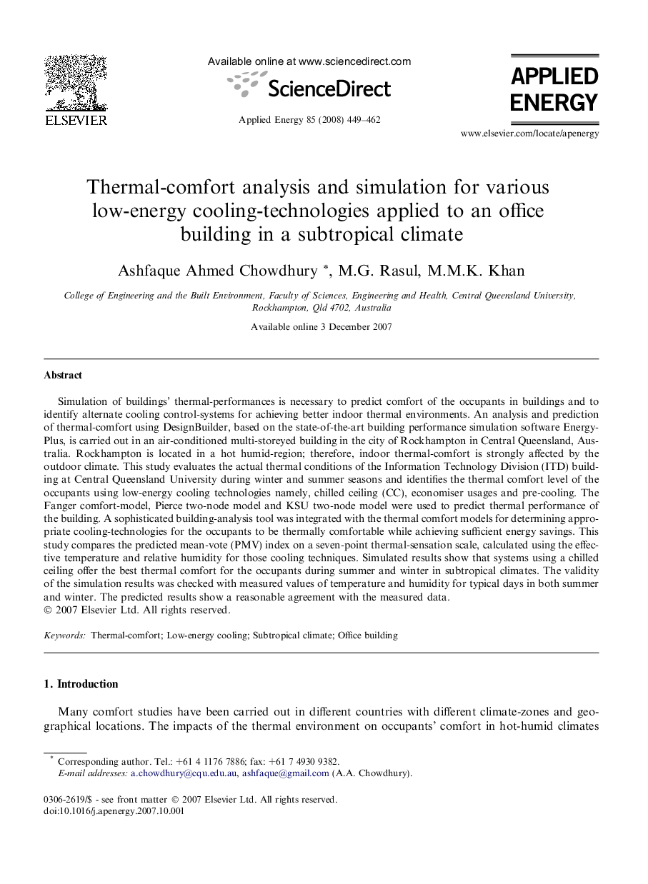 Thermal-comfort analysis and simulation for various low-energy cooling-technologies applied to an office building in a subtropical climate