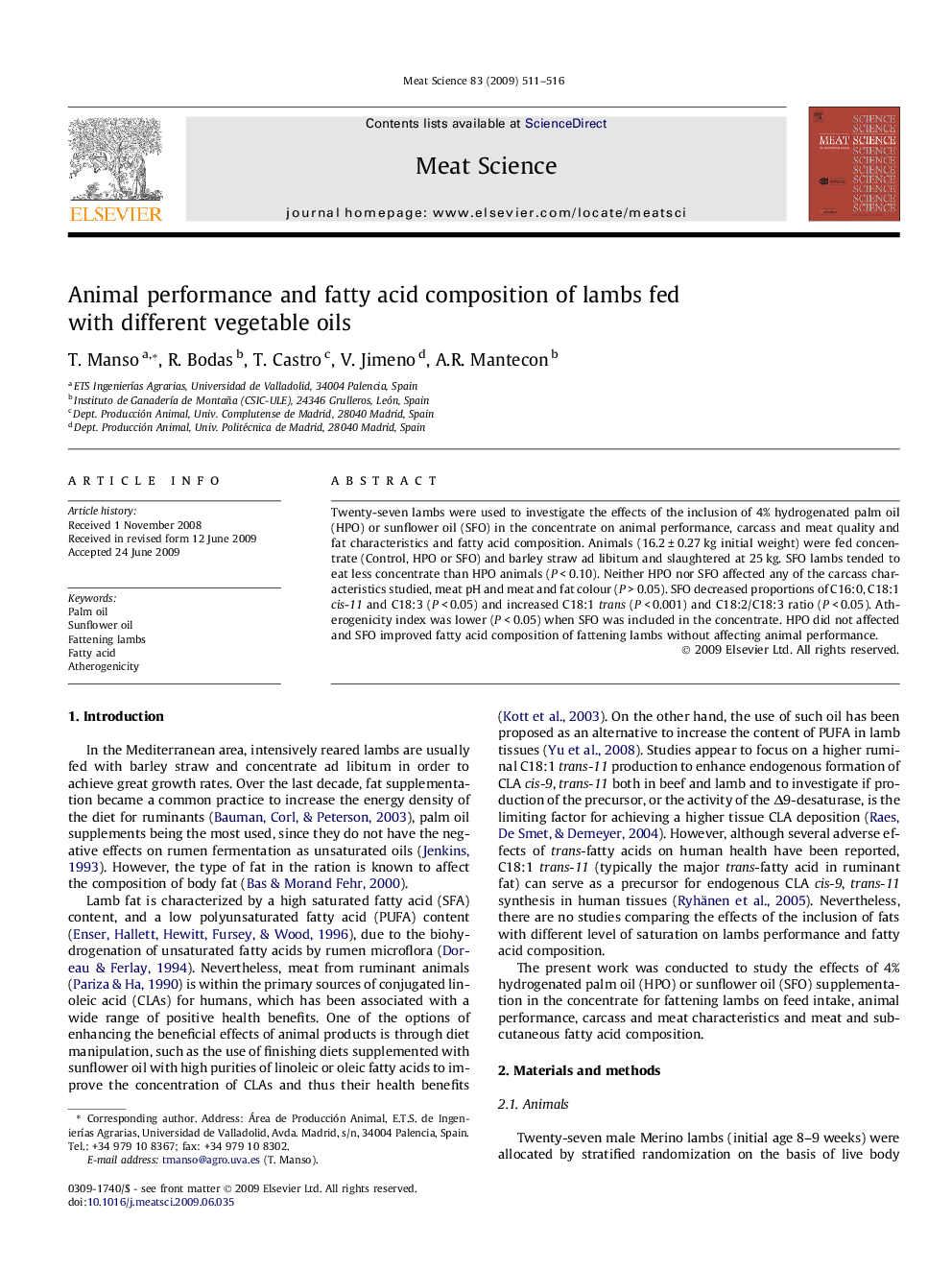 Animal performance and fatty acid composition of lambs fed with different vegetable oils