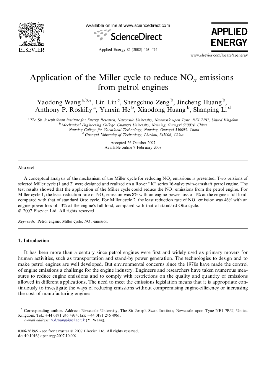 Application of the Miller cycle to reduce NOx emissions from petrol engines