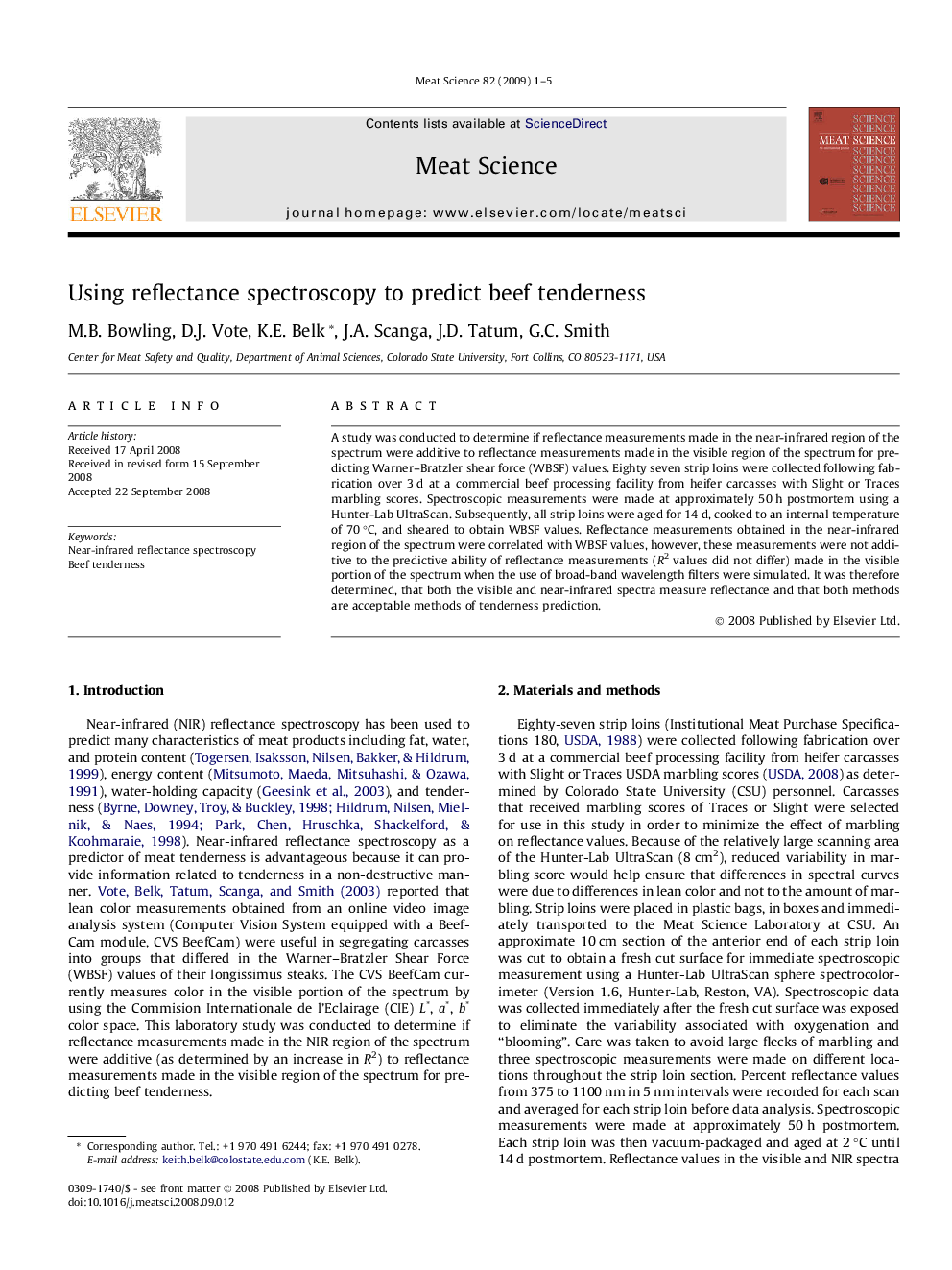 Using reflectance spectroscopy to predict beef tenderness