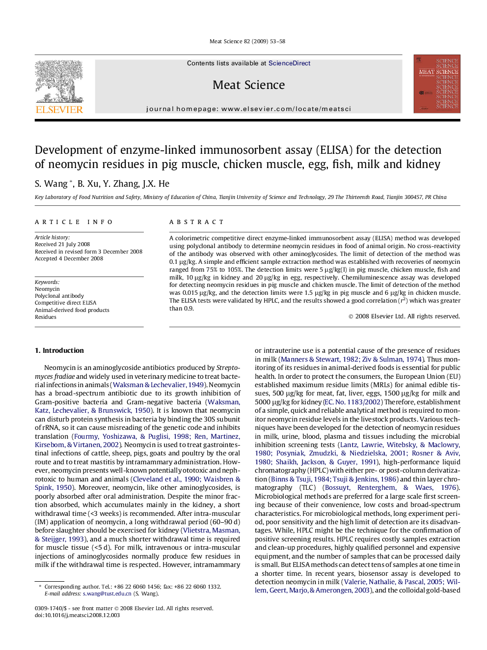 Development of enzyme-linked immunosorbent assay (ELISA) for the detection of neomycin residues in pig muscle, chicken muscle, egg, fish, milk and kidney