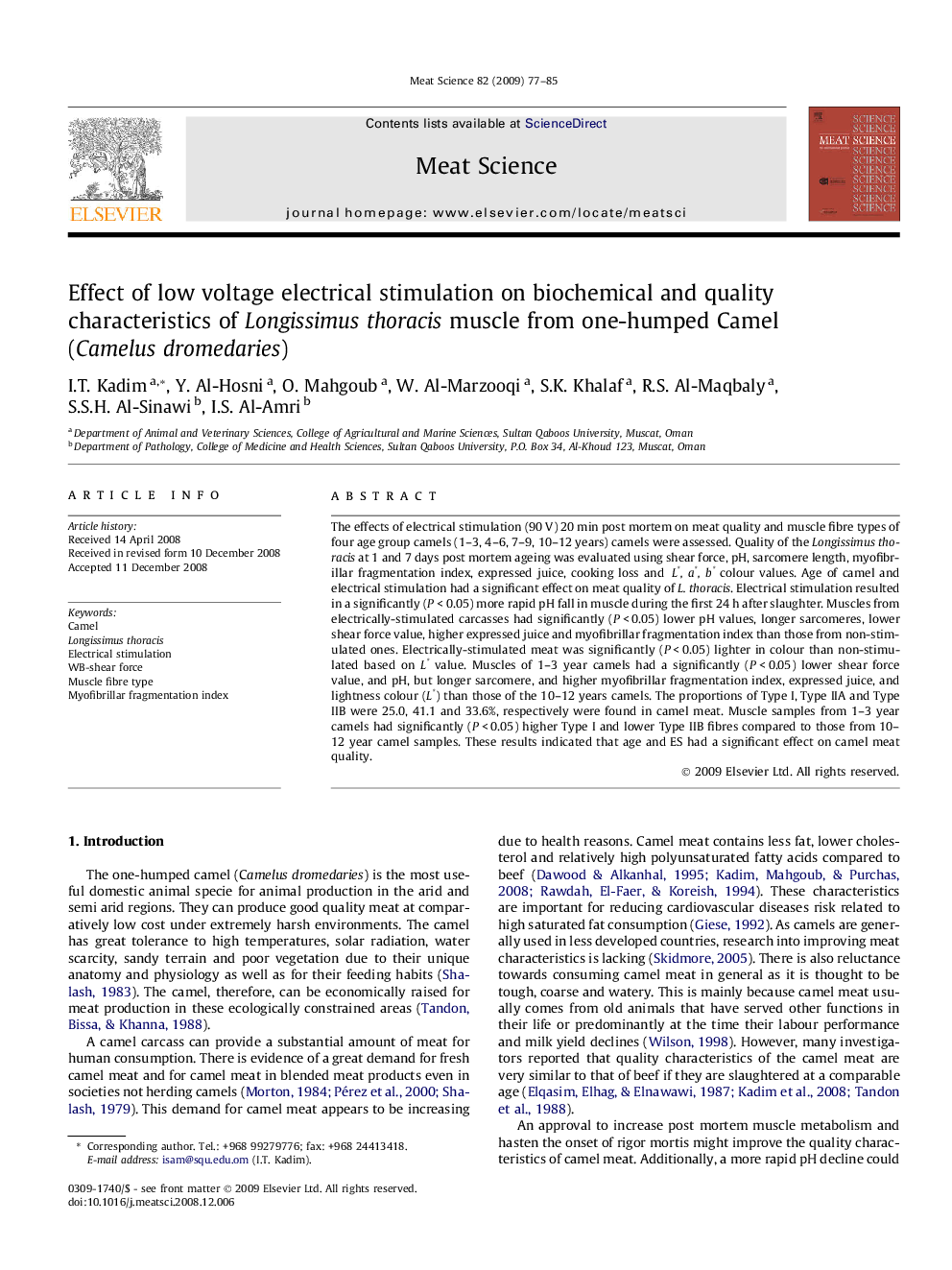 Effect of low voltage electrical stimulation on biochemical and quality characteristics of Longissimus thoracis muscle from one-humped Camel (Camelus dromedaries)