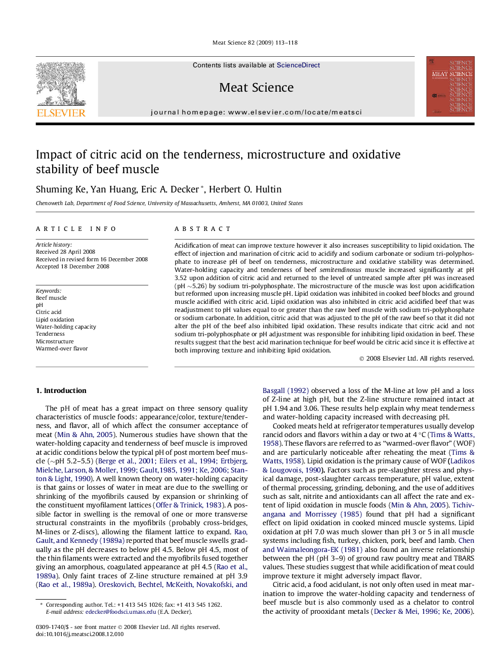 Impact of citric acid on the tenderness, microstructure and oxidative stability of beef muscle