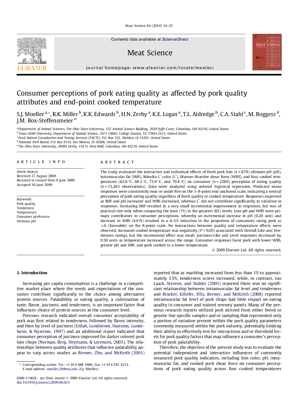 Consumer perceptions of pork eating quality as affected by pork quality attributes and end-point cooked temperature