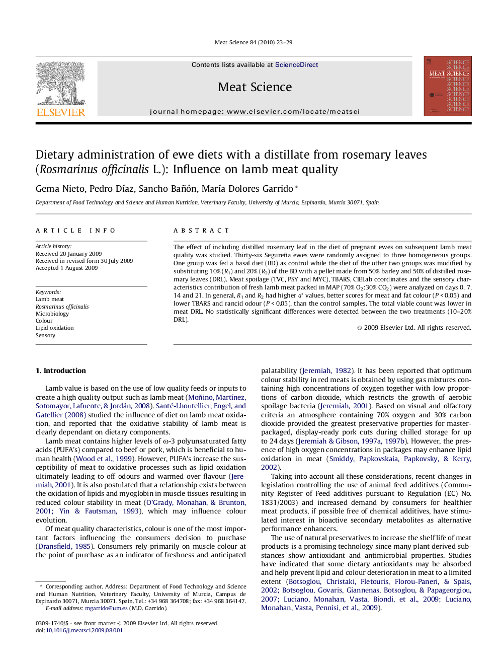 Dietary administration of ewe diets with a distillate from rosemary leaves (Rosmarinus officinalis L.): Influence on lamb meat quality