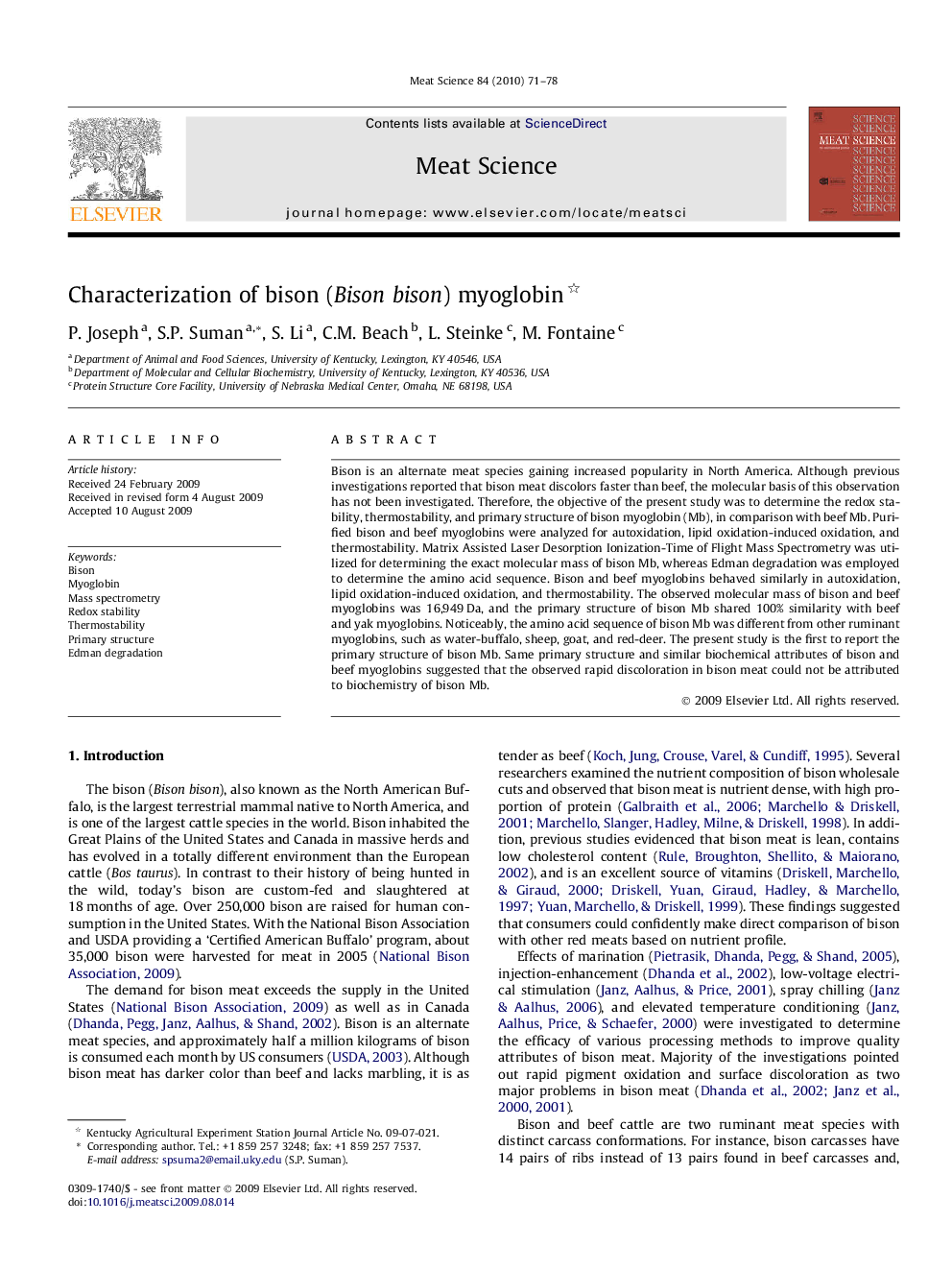 Characterization of bison (Bison bison) myoglobin 