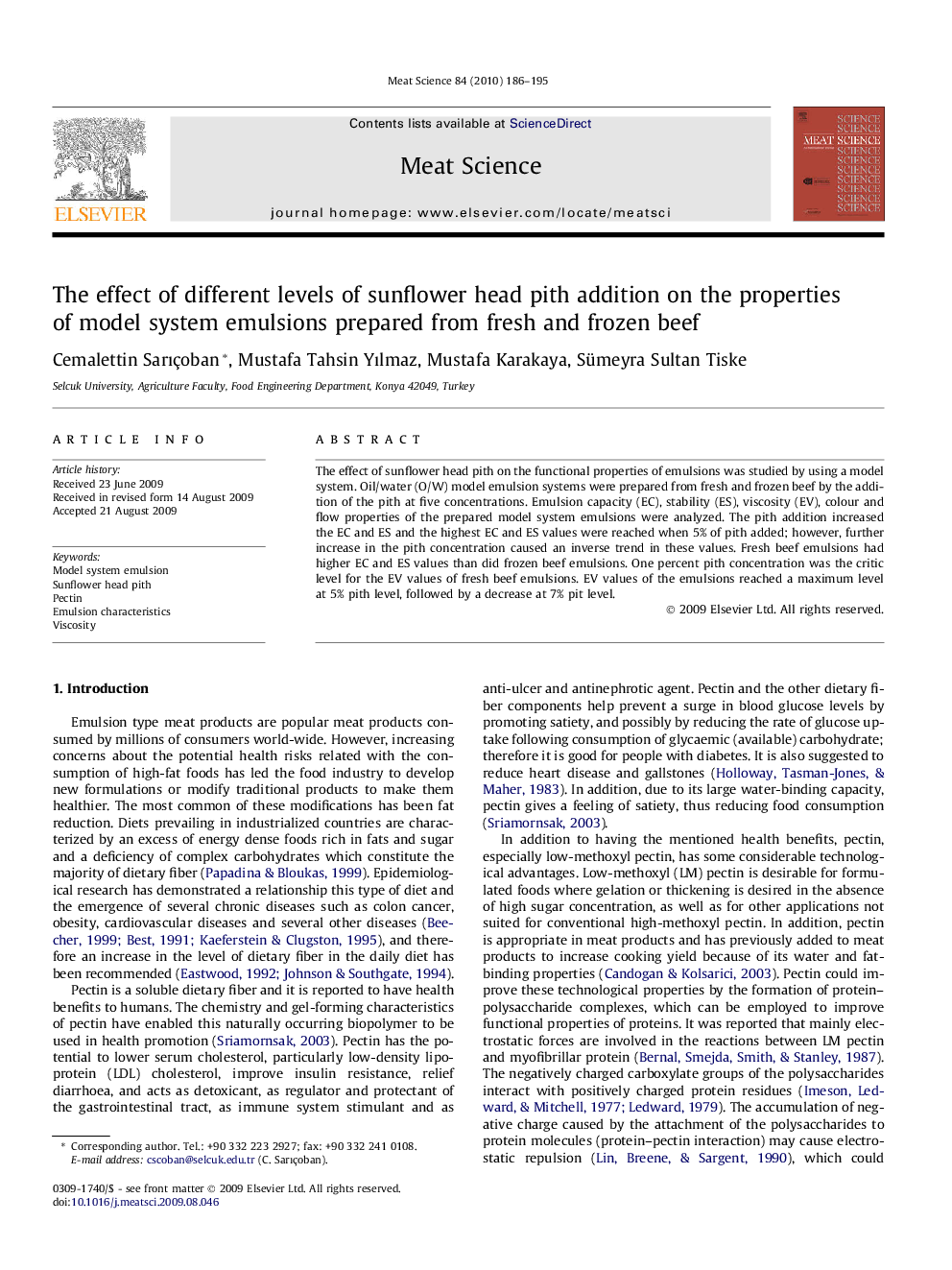 The effect of different levels of sunflower head pith addition on the properties of model system emulsions prepared from fresh and frozen beef