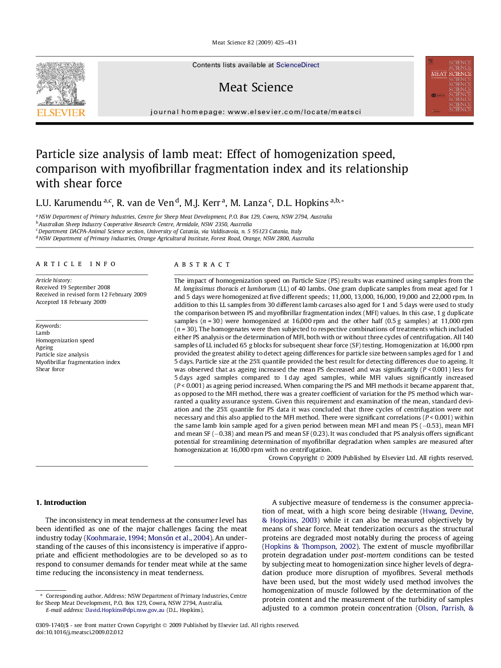 Particle size analysis of lamb meat: Effect of homogenization speed, comparison with myofibrillar fragmentation index and its relationship with shear force