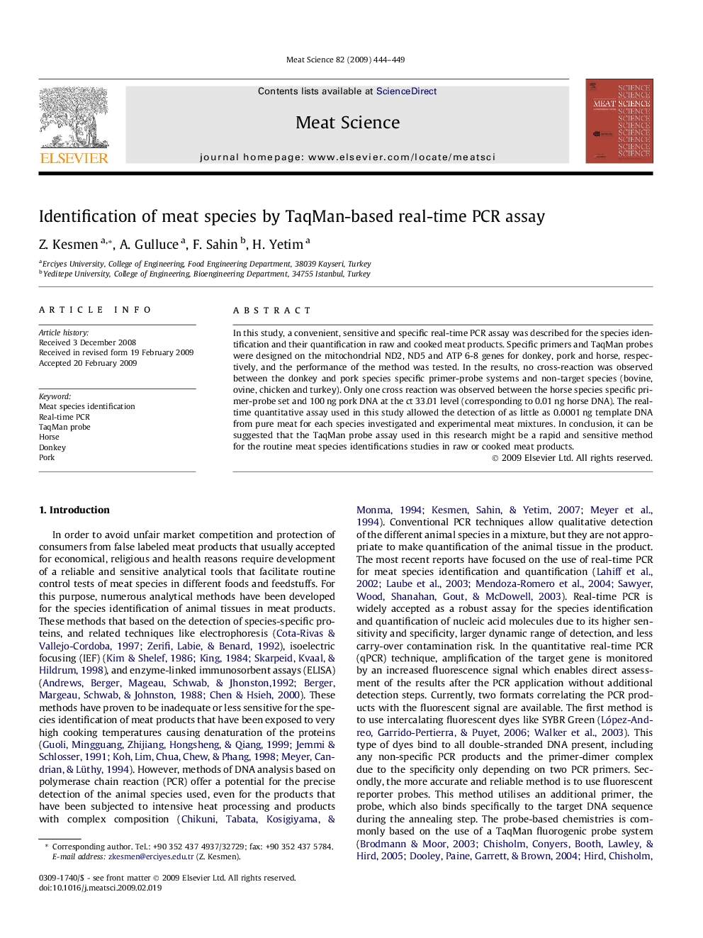 Identification of meat species by TaqMan-based real-time PCR assay