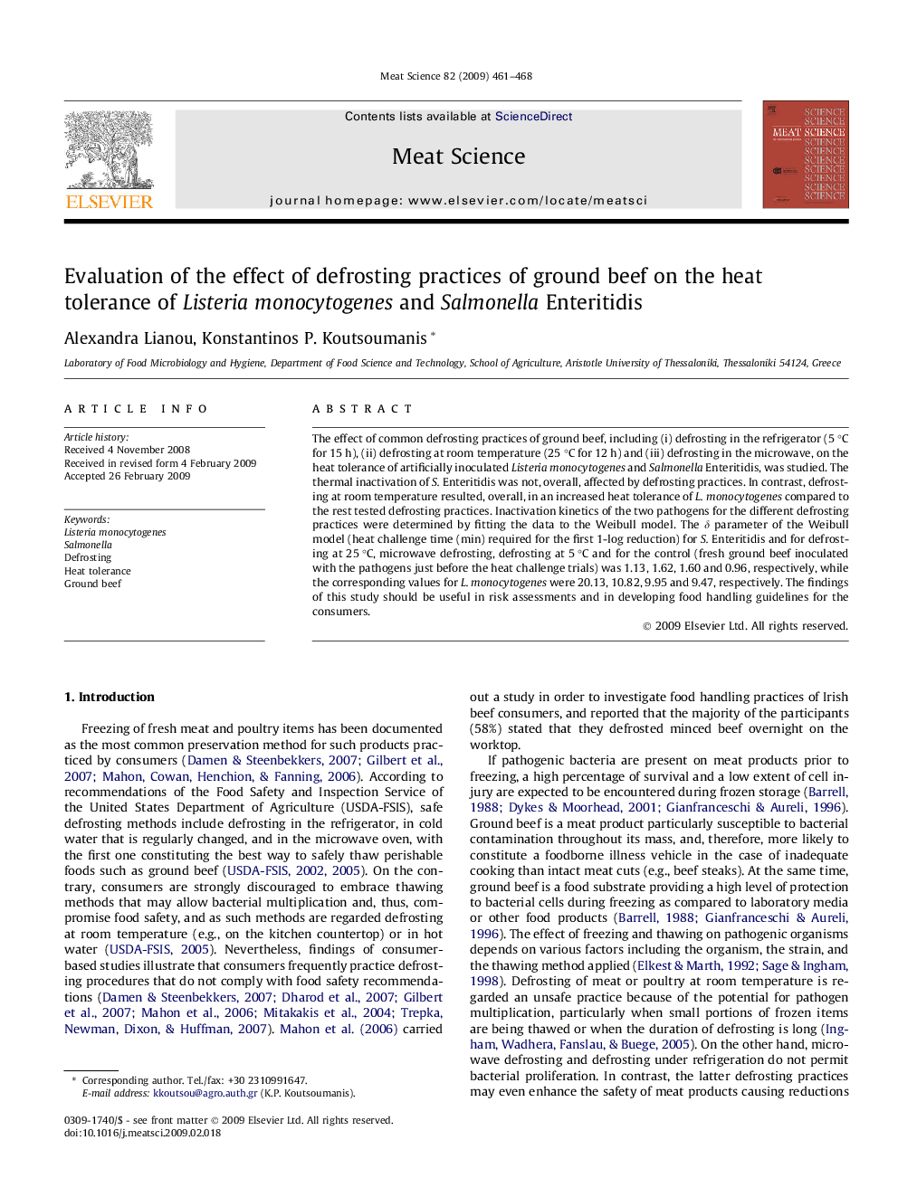 Evaluation of the effect of defrosting practices of ground beef on the heat tolerance of Listeria monocytogenes and Salmonella Enteritidis