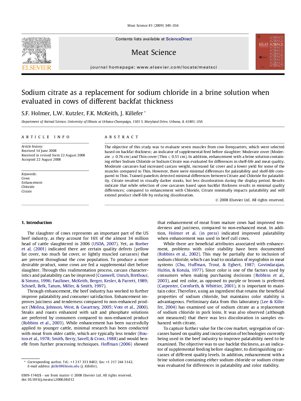 Sodium citrate as a replacement for sodium chloride in a brine solution when evaluated in cows of different backfat thickness