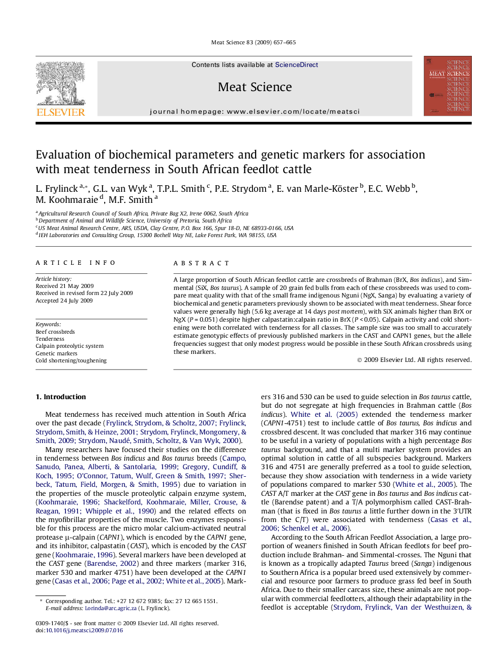 Evaluation of biochemical parameters and genetic markers for association with meat tenderness in South African feedlot cattle