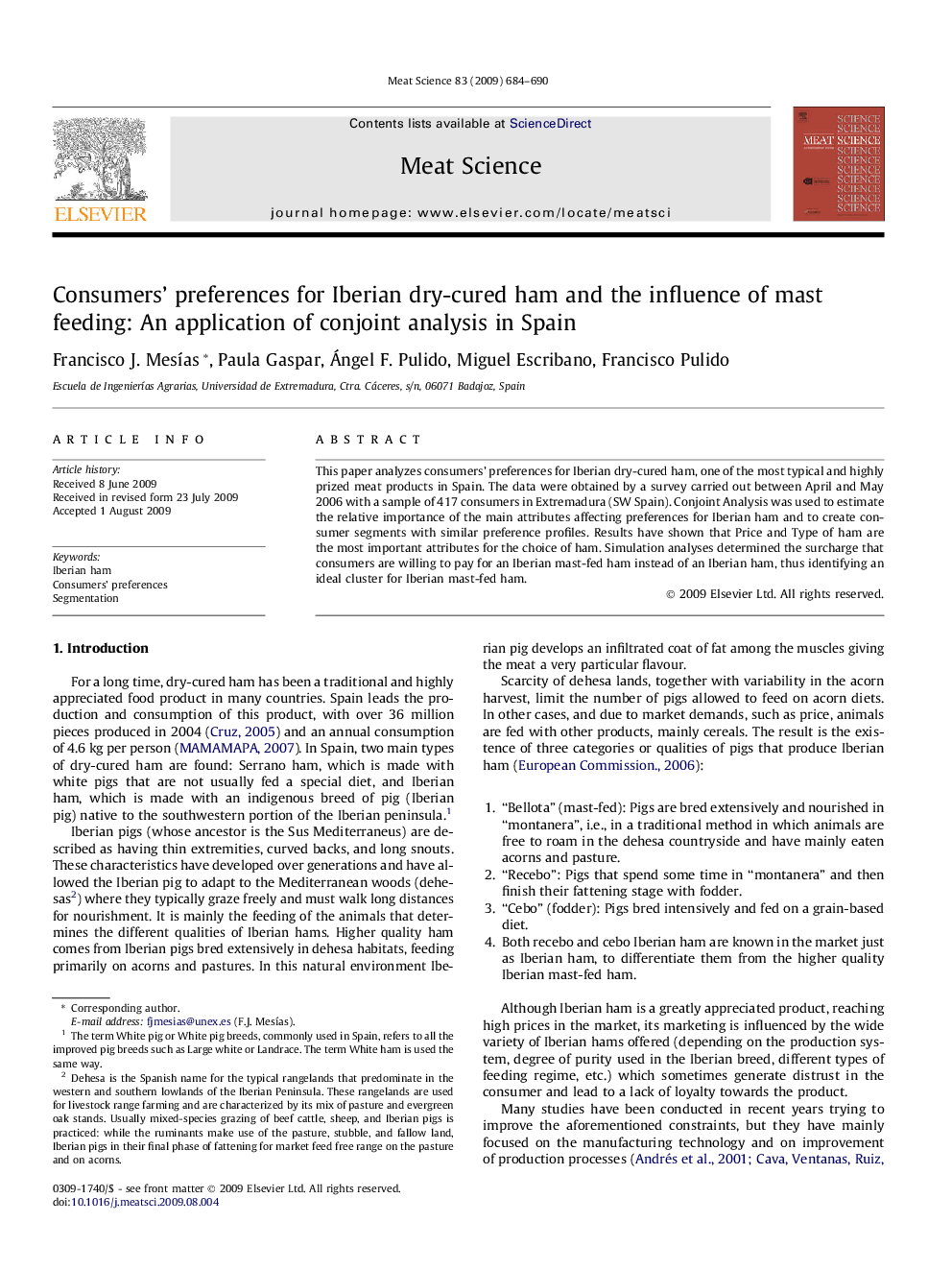 Consumers’ preferences for Iberian dry-cured ham and the influence of mast feeding: An application of conjoint analysis in Spain