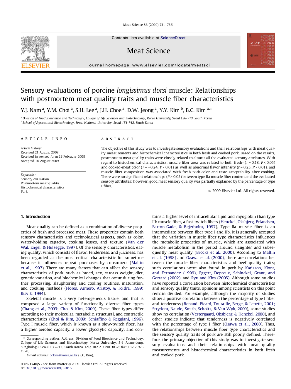 Sensory evaluations of porcine longissimus dorsi muscle: Relationships with postmortem meat quality traits and muscle fiber characteristics