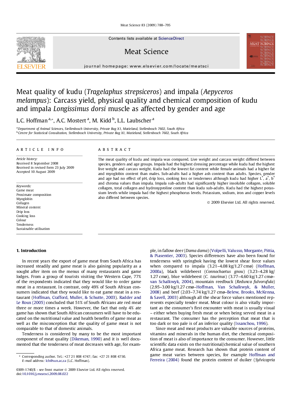 Meat quality of kudu (Tragelaphus strepsiceros) and impala (Aepyceros melampus): Carcass yield, physical quality and chemical composition of kudu and impala Longissimus dorsi muscle as affected by gender and age