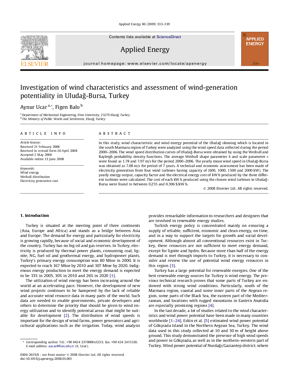 Investigation of wind characteristics and assessment of wind-generation potentiality in Uludağ-Bursa, Turkey