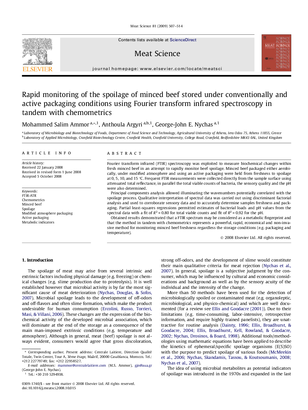 Rapid monitoring of the spoilage of minced beef stored under conventionally and active packaging conditions using Fourier transform infrared spectroscopy in tandem with chemometrics