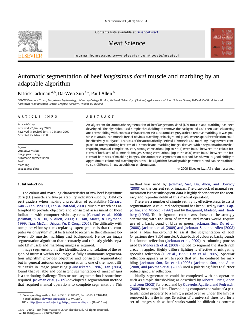 Automatic segmentation of beef longissimus dorsi muscle and marbling by an adaptable algorithm