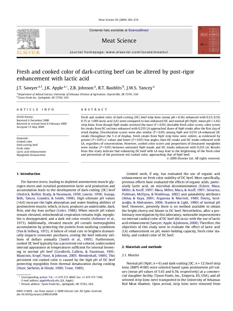 Fresh and cooked color of dark-cutting beef can be altered by post-rigor enhancement with lactic acid