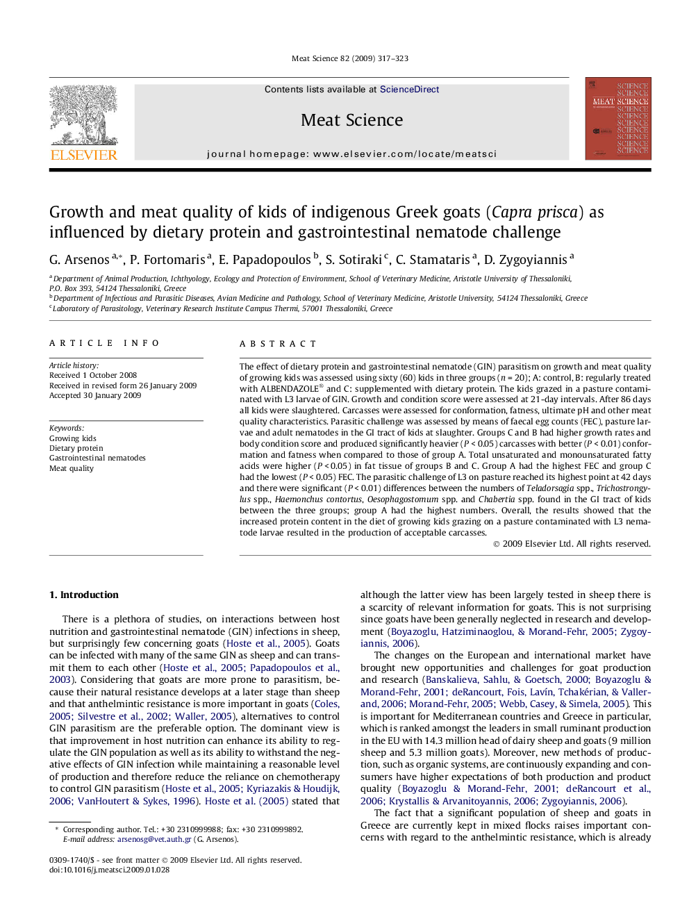 Growth and meat quality of kids of indigenous Greek goats (Capra prisca) as influenced by dietary protein and gastrointestinal nematode challenge