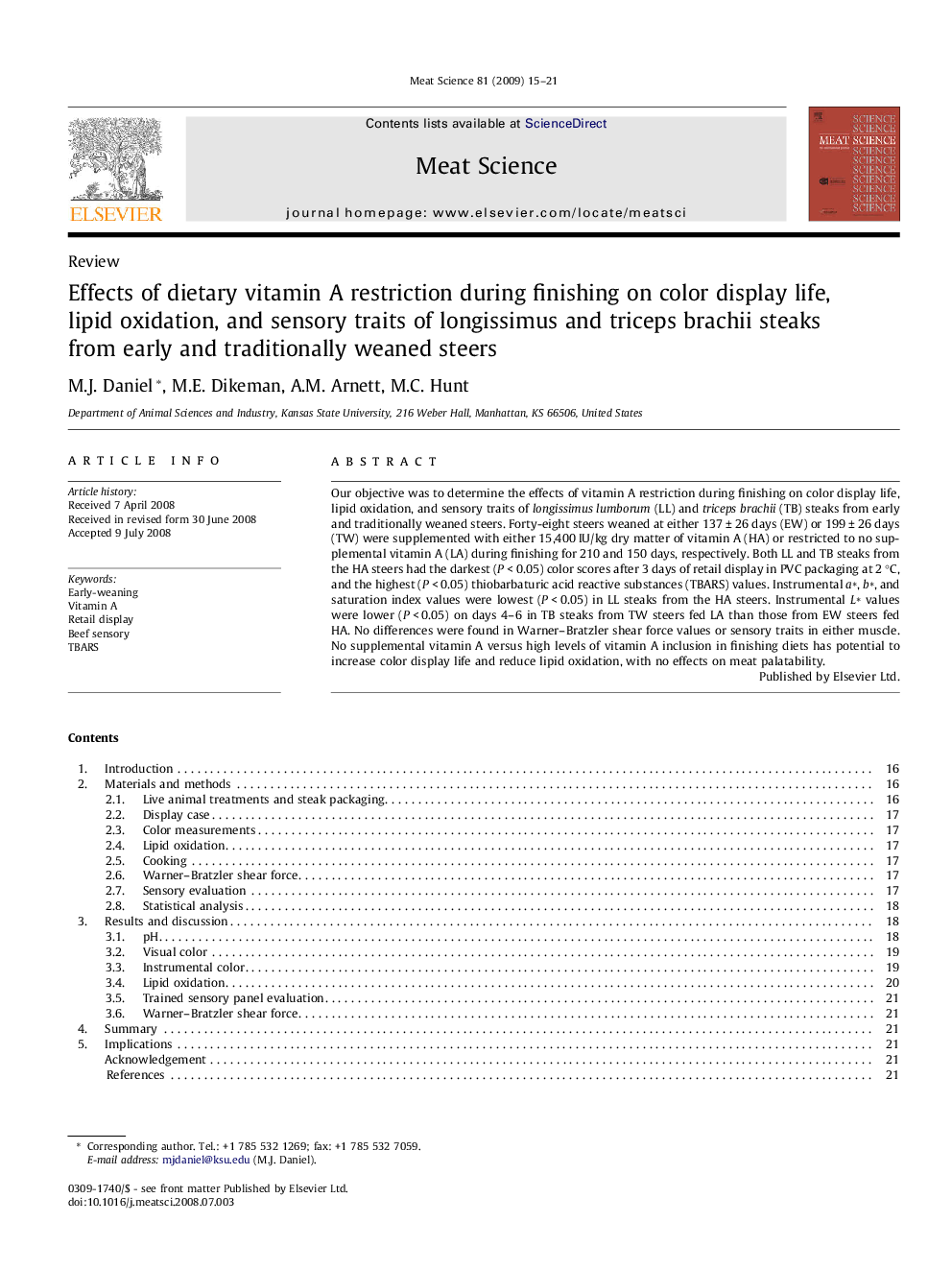 Effects of dietary vitamin A restriction during finishing on color display life, lipid oxidation, and sensory traits of longissimus and triceps brachii steaks from early and traditionally weaned steers