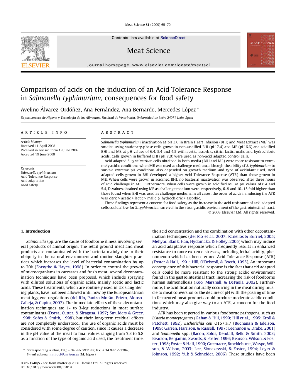 Comparison of acids on the induction of an Acid Tolerance Response in Salmonellatyphimurium, consequences for food safety