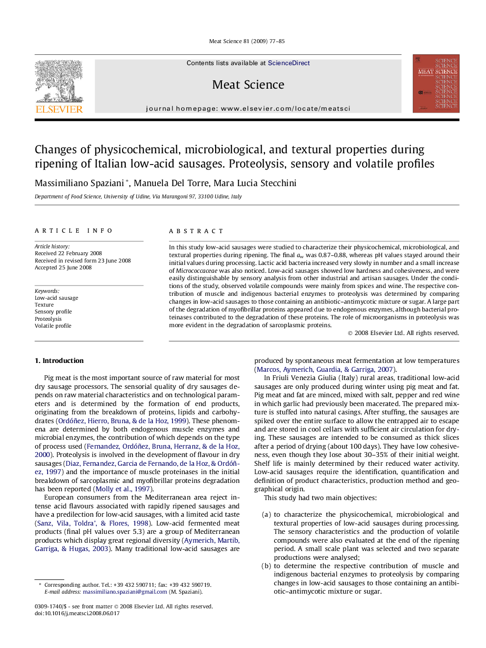 Changes of physicochemical, microbiological, and textural properties during ripening of Italian low-acid sausages. Proteolysis, sensory and volatile profiles