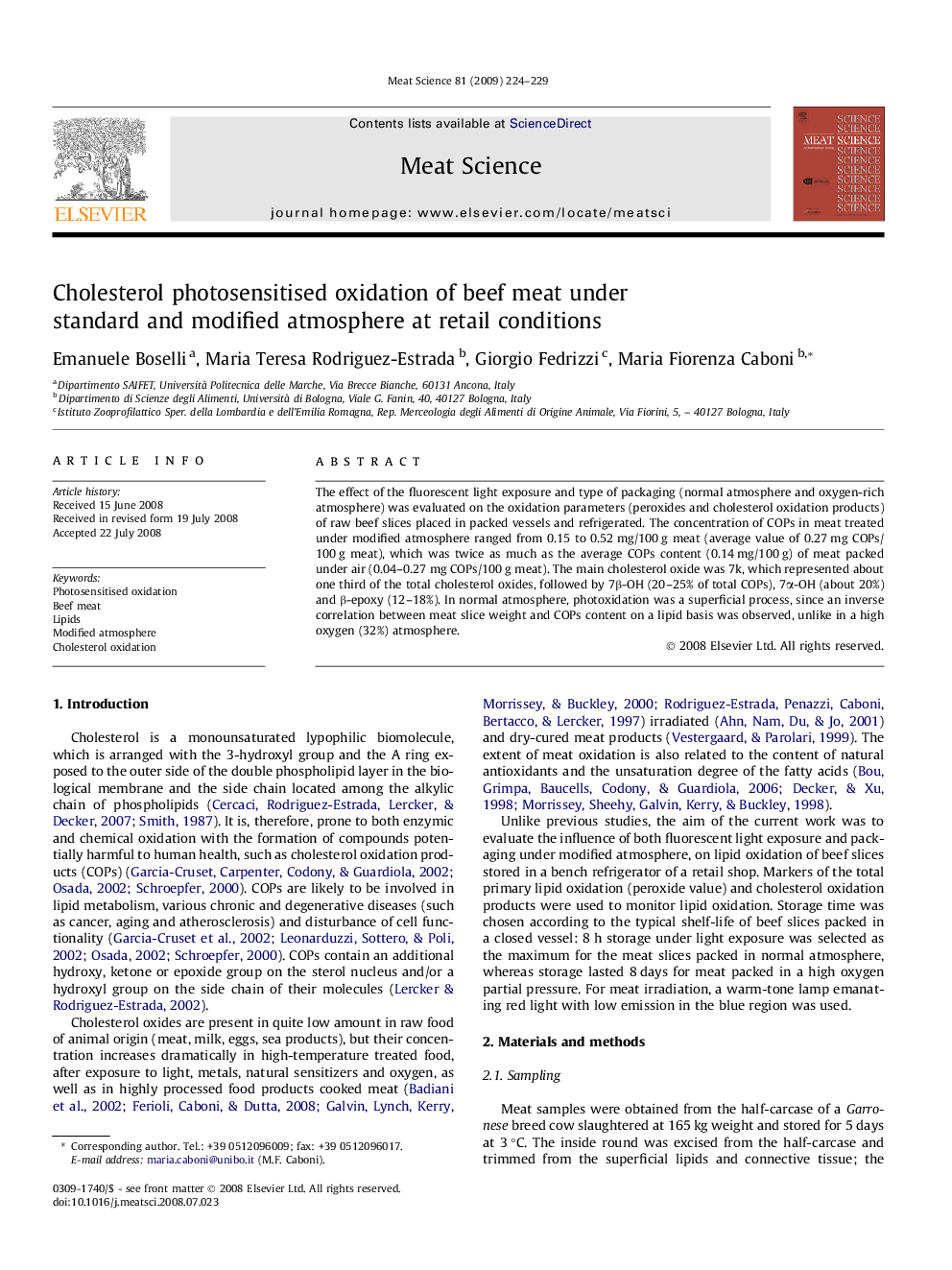 Cholesterol photosensitised oxidation of beef meat under standard and modified atmosphere at retail conditions