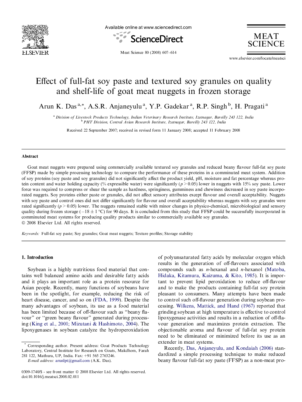 Effect of full-fat soy paste and textured soy granules on quality and shelf-life of goat meat nuggets in frozen storage